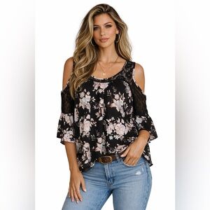 Charming Charlie Black Floral Cold Shoulder Blouse XL Lace Boho Flowy Top